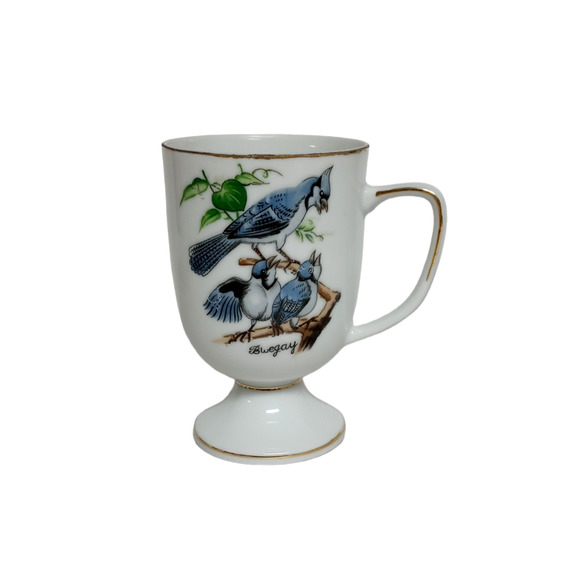 Vintage Bird Pedestal Mugs Set of 3 Robin Sparrow Blue Jay Audubon Style Cups - Picture 2 of 12
